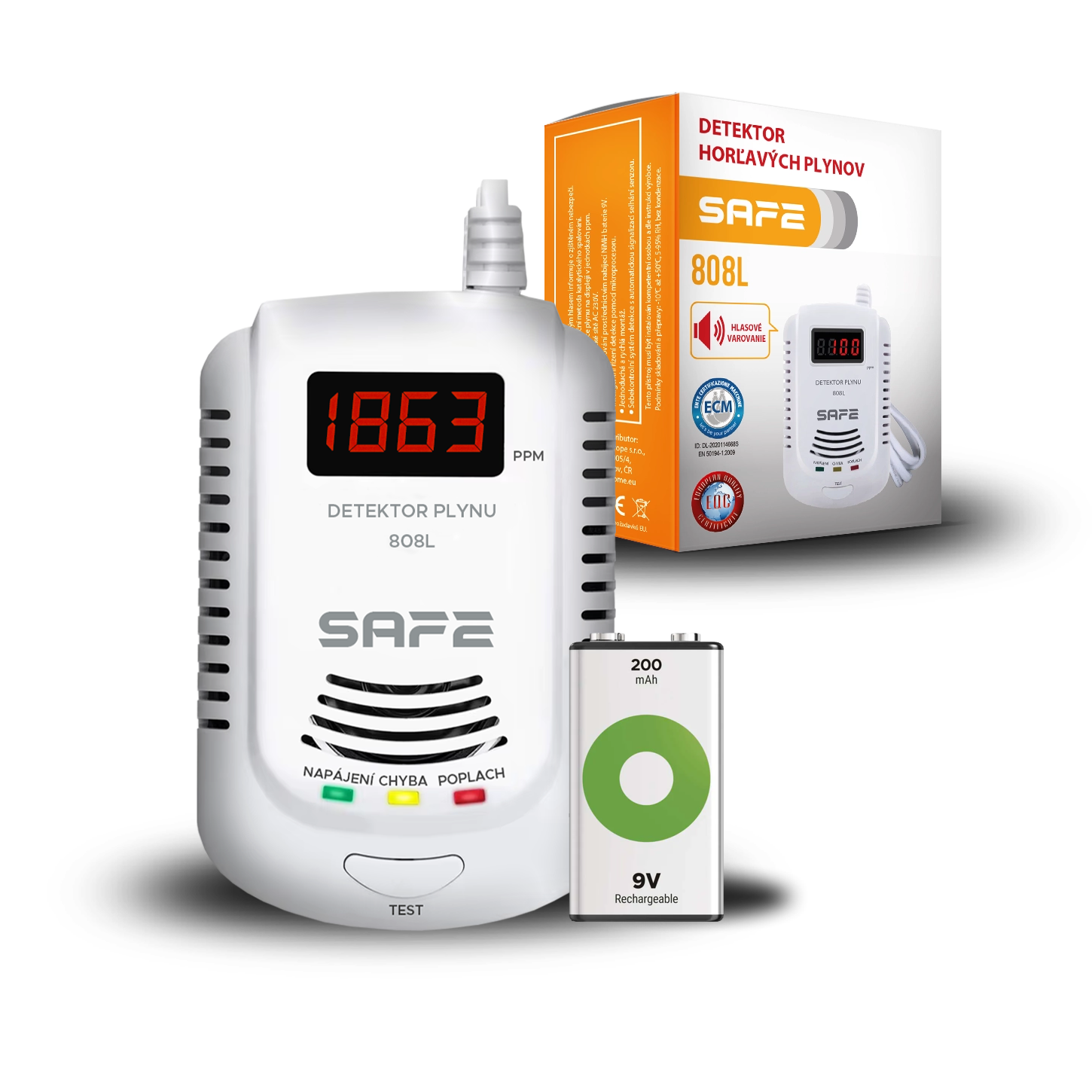 Detektor horľavých a výbušných plynov SAFE-808L (zemný plyn)+záložná nabíjacia batéria